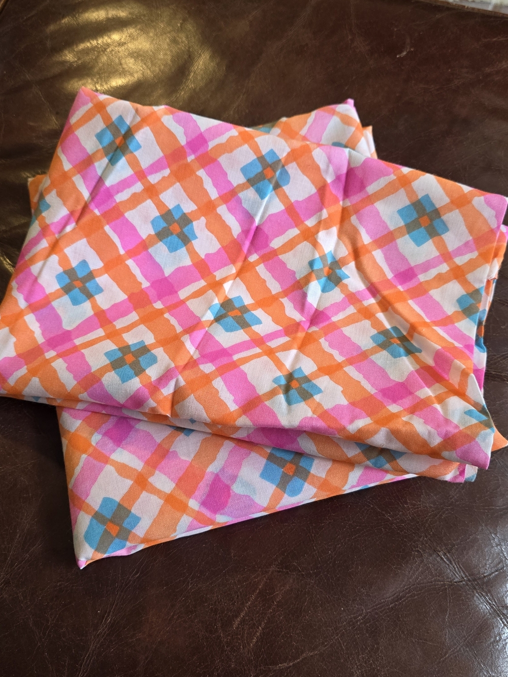 Vintage Pink Orange Blue Plaid Decorative Fabric Remnant